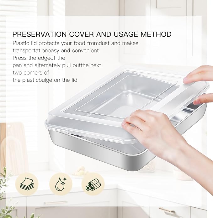 Stainless Steel Baking Pan with Lid, 2-Pack Rectangular Cake Pan Set, Non-Toxic & Heavy Duty Metal Bakeware for Brownie, Lasagna, Casserole, Roasting, Dishwasher Safe
