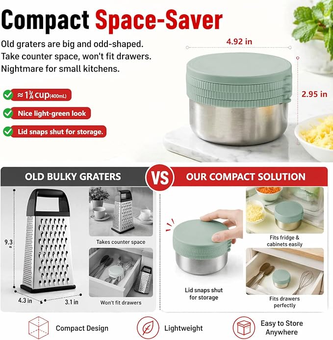 Box Cheese Grater with Container for Kitchen (Light Green) | Graters Bowl for Fine, Medium and Coarse, Handheld Lemon Zester for Parmesan, Ginger, Garlic, Nutmeg, Chocolate