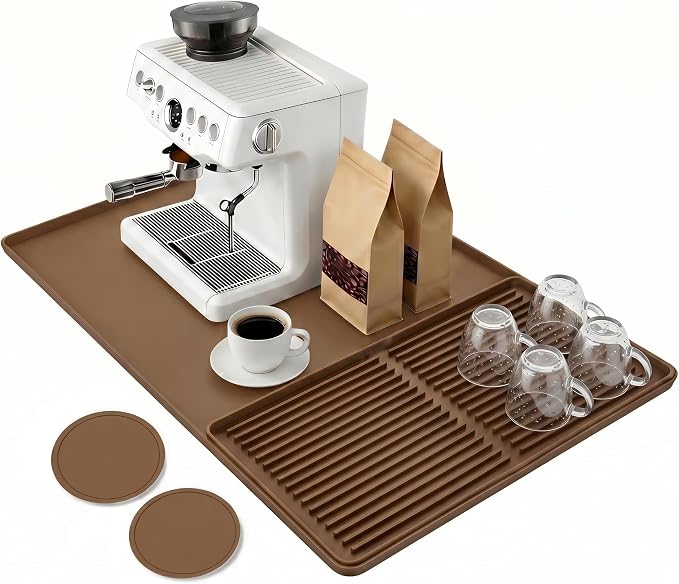 Mrcrypos Silicone Coffee Station Mat with Rasied Edges 16x24 Inch, Brown | Anti-Slip, Heat-Resistant, Spill-Proof, Bar Mat for Most Countertop & Espresso Machines, under Coffee Maker/Dish Rack