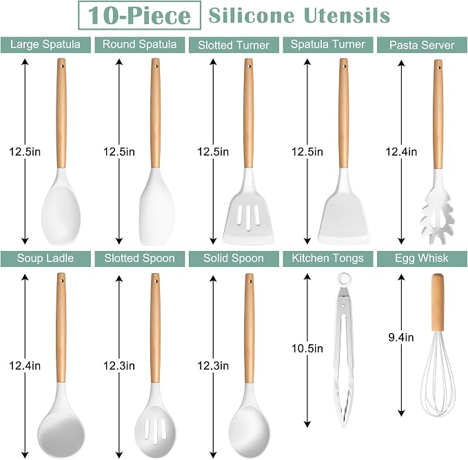 E-far Silicone Cooking Utensils Set, 446℉ Heat Resistant 10PCS Kitchen Utensils Set with Wooden Handle for Nonstick Cookware, Kitchen Tools Spatula Whisk Tongs Ladle, Non-toxic & Healthy, White