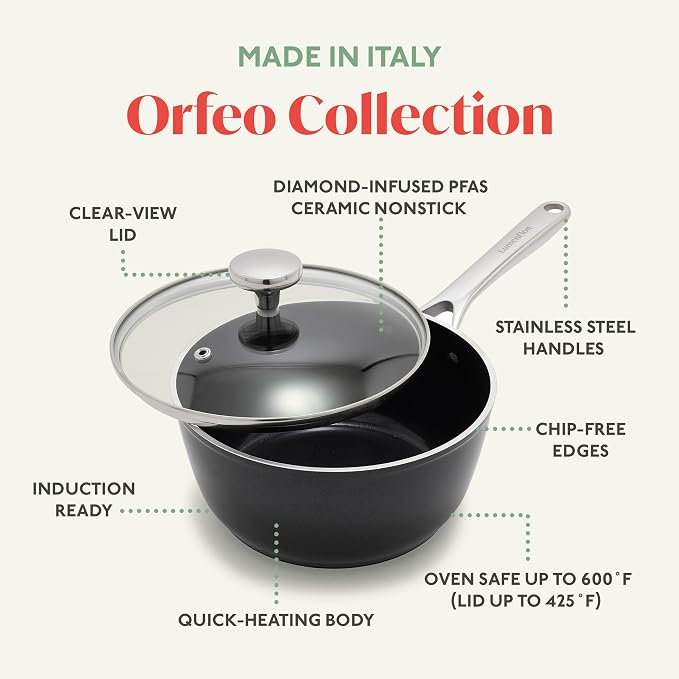 Orfeo 2.4QT Nonstick Saucepan with Lid, Made in Italy, Diamond Ceramic PFAS-Free Cookware, Induction Ready, Scratch Resistant, Laser-Fused Surface for Durability, Dishwasher Safe, Black