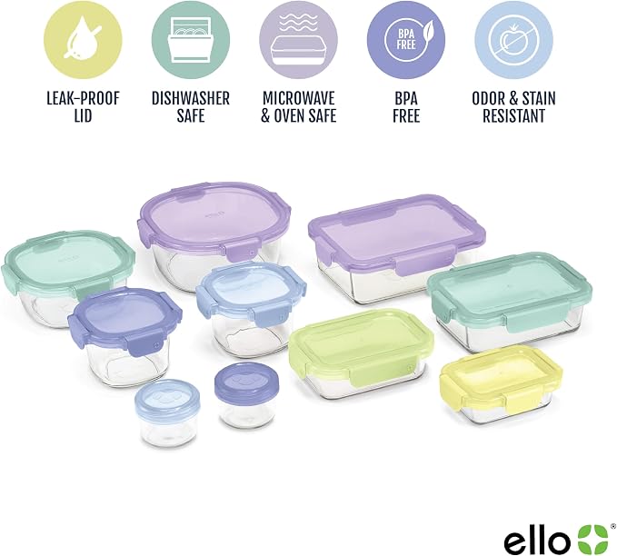 Ello Color Lock 20pc Glass Food Storage Containers with Lids, Purple Rain | Glass meal prep set with airtight leakproof locking lids, microwave and oven safe glass, freezer safe, and BPA-free