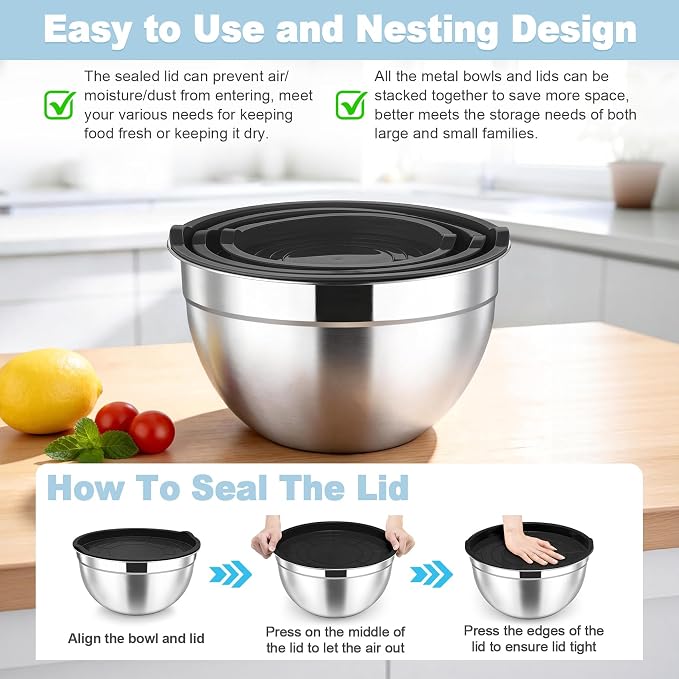 TeamFar Mixing Bowls, Stainless Steel Nesting Salad Bowls & Airtight Lids | For Serving/Mixing/Storing, Healthy & Long-lasting, Dishwasher Safe & Easy Clean, 4.6/3 / 1.5 QT, Black