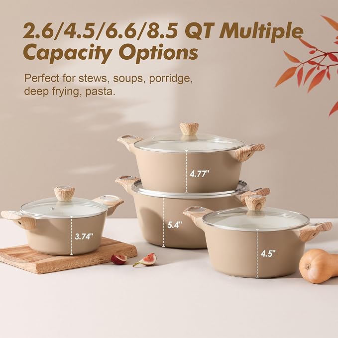 SENSARTE Ceramic Nonstick Stock Pot with Lid, 2.6/4.5/6.6/8.5/11 QT Soup Pot Casserole Pot, Non-toxic Healthy Pasta Pot, Large Cooking Pot Stew Pot, Induction Compatible, PFOA PFAS PTFE Free, Taupe