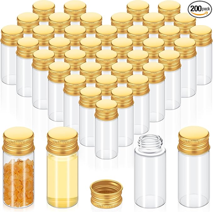 Didaey 200 Pcs Small Clear Vials Spice Mini Jars with Lids Mini Glass Bottles with Screw Aluminum Metal Caps Tiny Jars Sample Containers for Powder Cream Cosmetic Jewelry Wedding (10 ml,Gold Caps)