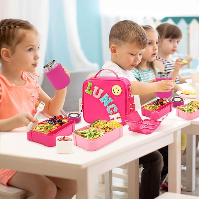 PainZieteg Lunch Box for Girls with 10oz Thermo 6 Compartment Bento Set | Nylon Insulated Lunch Bag with Adjustable Strap, Ideal for Kids, Teens School, Travel, Picnic, Leakproof Thermal Pouch, Green
