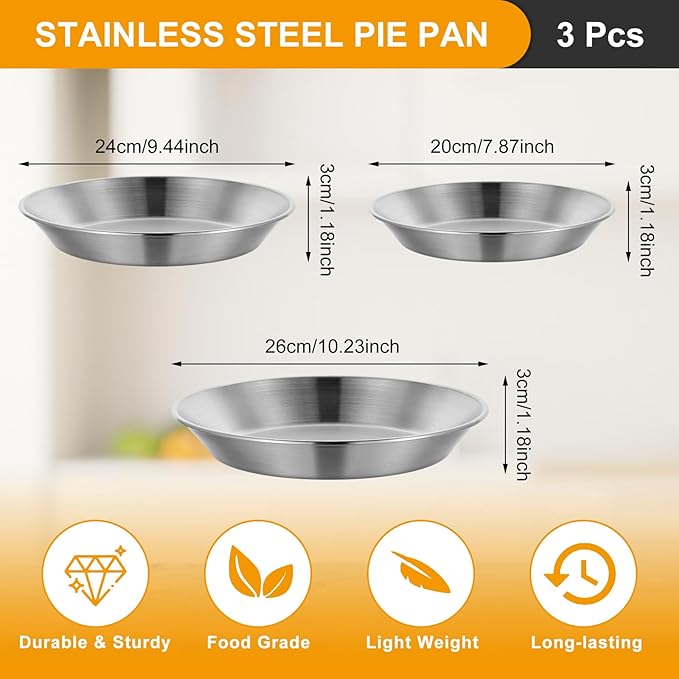 3 Pcs Stainless Steel Pie Pan Set, Pizza Pan Deep Pie Dish Pie Plate Baking Tray Dishes for Pizza Baking Serving Oven Grill, 3 Sizes