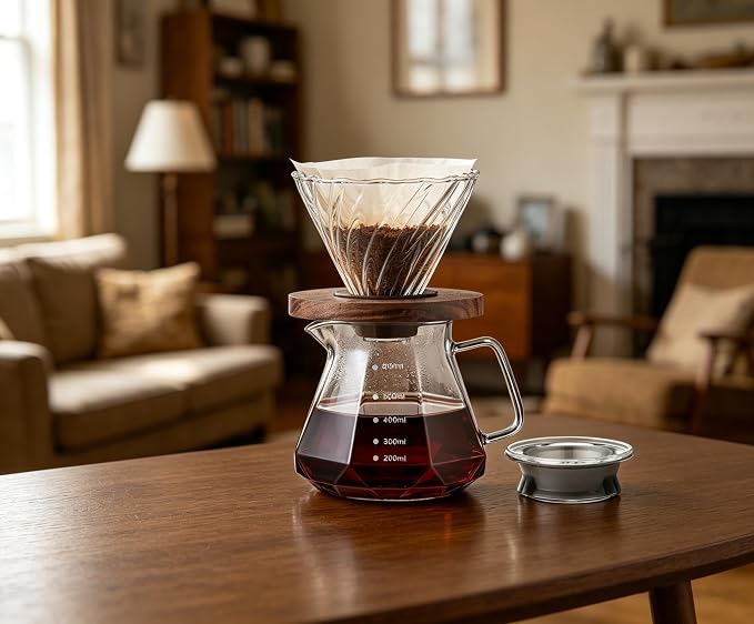 BeeCa Manual pour over coffee maker, Heat Resistant Glass | 20Oz+50 Filters 1-4 Cup, No plastic taste, Crystal clear glass, Dishwasher safe, Borosilicate glass