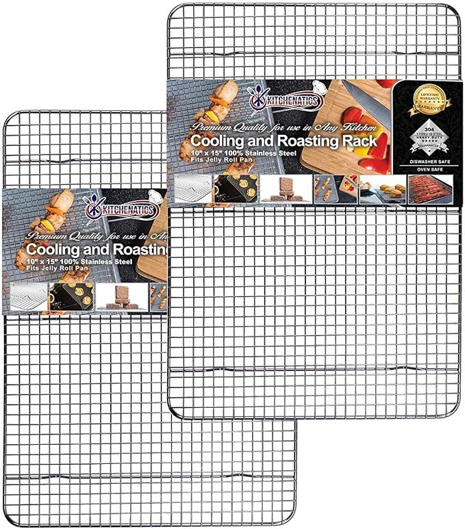 Jelly Roll Cooling Rack Stainless Steel Oven Safe Set of 2 | Fits standard 10x15 jelly roll pans for grilling, broiling, drying and draining grease while baking