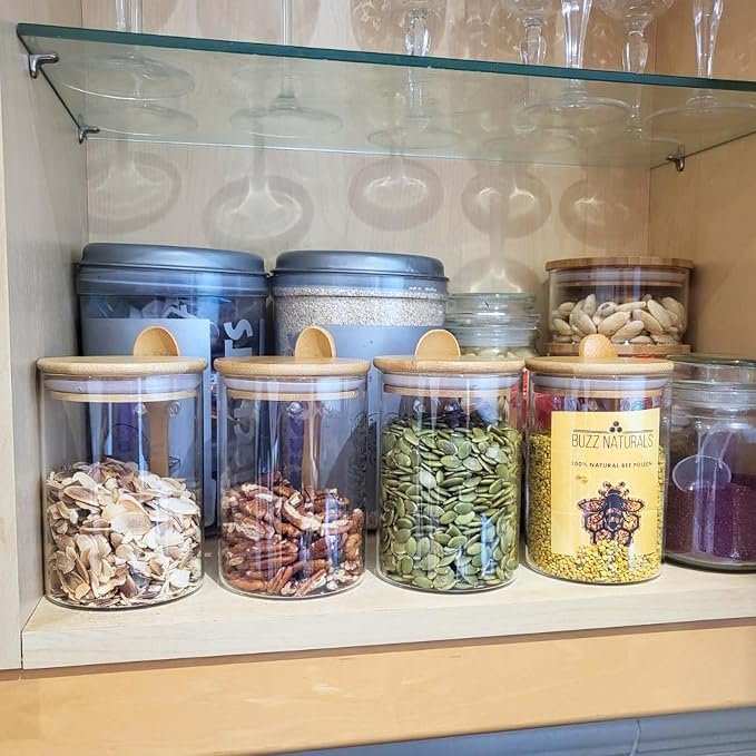 Set of 4 Clear Glass Jars with Airtight Bamboo Lids & Spoons 20 oz, Food Storage Containers for sugar and flour, Dry Goods, Bath Salts