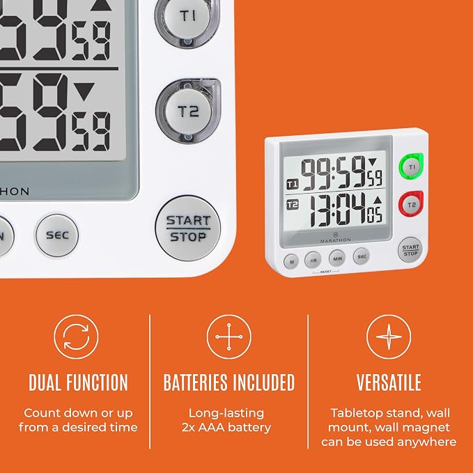 MARATHON Dual Digital Timer, 100-Hour Count Up/Down, Large Display, White | Adjustable Alarm Volume, Flashing Visual Alert, Magnetic Back and Tabletop Stand