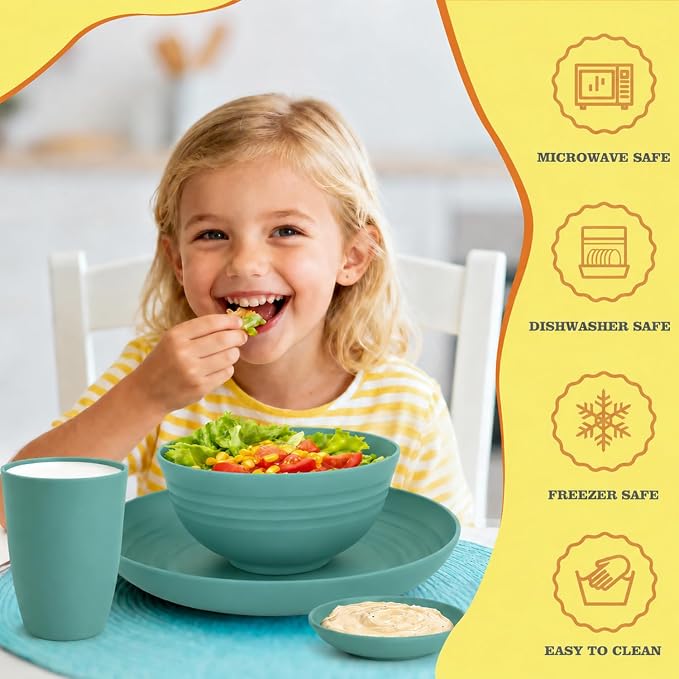 Unbreakable Wheat Straw Dinnerware Set 16 PCS - Kids Plates and Bowls Set for 4,Dishwasher & Microwave Safe Lightweight Toddler Plates and Bowls Set for Party Camping Kitchen - Green