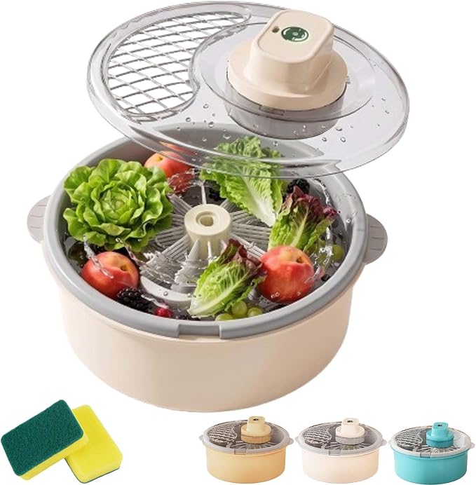 Electric Fruit Washer Vegetable Cleaner Spinner Bowl Lettuce Dryer,Salad Spinner and Produce Washer, Multifunctional Vegetable Dryer with Non-Slip Base ruit and Veggie Cleaner for Kitchen (White)