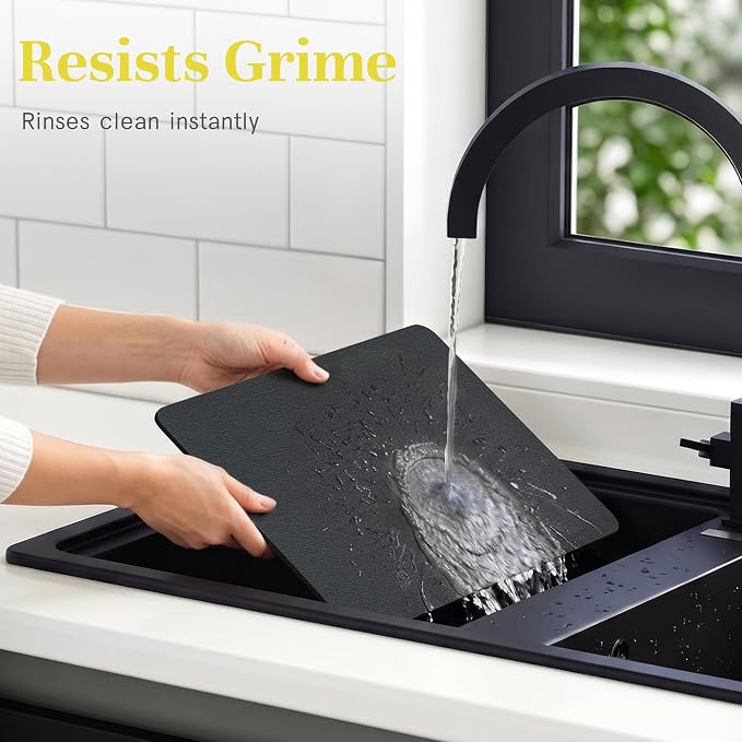 Compact Stainless Steel Dish Drainer & Dish Mat Set, Black | Rust-proof stainless steel dish rack with quick-drying, easy-to-clean mat. Fits kitchen counter, apartment or RV.