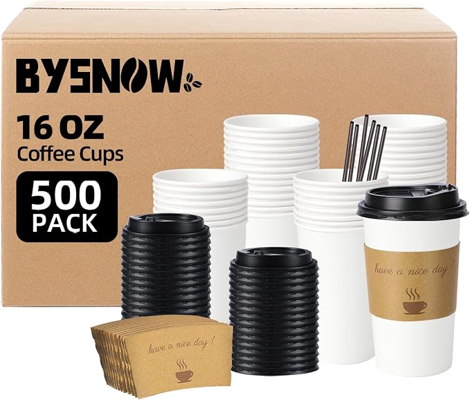 BYSNOW 500 pack 16 oz Bulk Disposable Paper Coffee Cups with Lids Hot Cups | Paper To Go Cups with Lids, Sleeves and Stirring Sticks, Hot Paper Cups for Home, Office and Party (White 16oz)