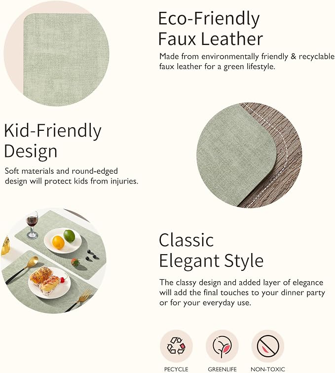 Maxpearl Faux Leather Placemats Set of 8, Easy to Clean, Light Green | Waterproof - Heat Resistant - Non Slip - Wipe Clean Dining Table Place Mats, Suitable for Indoor & Outdoor Use, 17''×12''