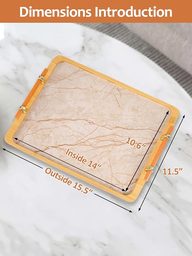 JUPELI 16" x 12" Bamboo Serving Tray with Handles – Marble Pattern Decorative Rectangle Tray for Coffee Table, Kitchen, Vanity, Bathroom, or Ottoman – Perfect for Bread Food Fruit Display & Storage