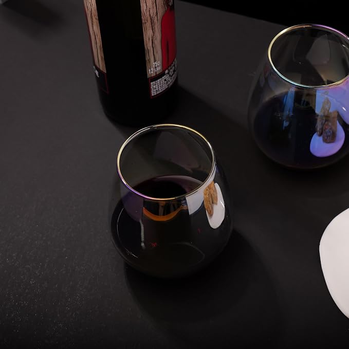 Iridescent Stemless Wine Glass Set of 2, 16OZ Unique Rainbow Wine Glass Cute and Cool, No Stem Colorful Drinking Glassware Gift for Birthday Party Wedding Holiday