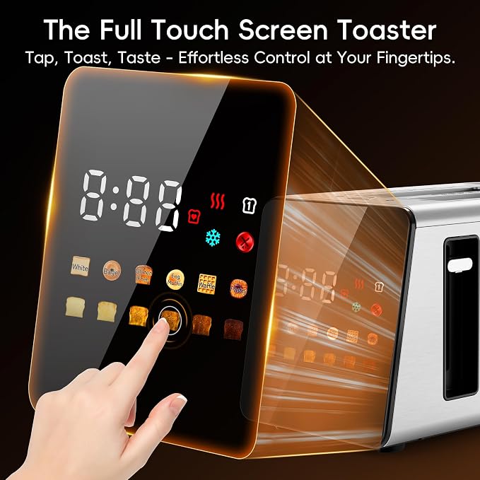 WUNLY Smart Touchscreen 2 Slice Toaster, Wide Slot, Memory & Single-Slot | Digital Timer, Extra Wide Slot for Bagels, 6 Shade Levels & 6 Bread Settings, Reheat, Defrost, Favorite, Silver