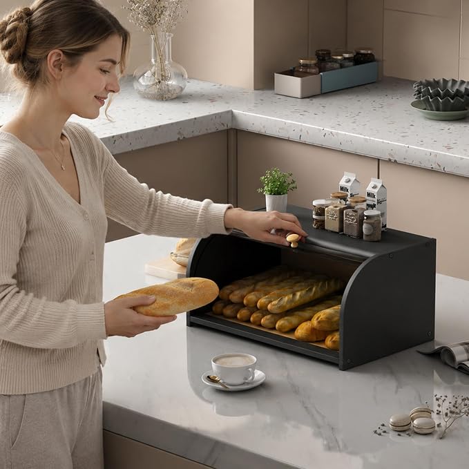 Roll Top Bread Box for Kitchen Countertop with Clear Lid | Natural bamboo, clear roll-top lid. Airtight small breadbox. Fits homemade loaves, bagels, pastries. Easy assembly.