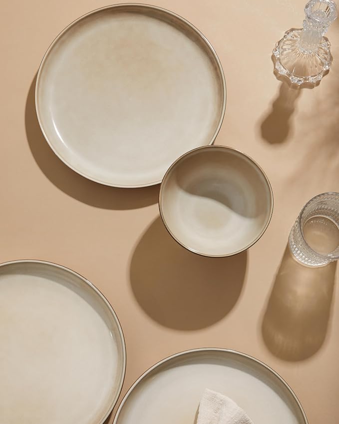 Stoneware Dinnerware Sets Service for 4, 12 pcs Reactive Glaze Plates and Bowls Sets, Handmade Ceramic Dish Set, Highly Chip and Crack Resistant Modern Plate Set, Mocha Beige