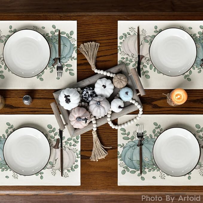 Artoid Mode Pumpkins Eucalyptus Leaves Fall Placemats Set of 6, 12x18 Inch Autumn Thanksgiving Holiday Table Mats for Party Kitchen Dining Decoration | Heat-Resistant Table Mats, Washable Seasonal Autumn Leaves Kitchen Dining Decor