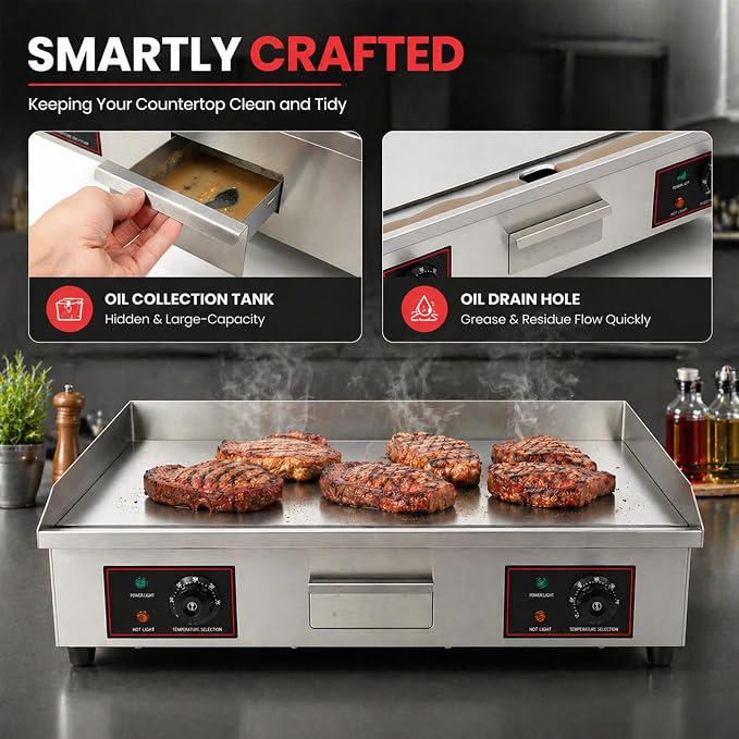 30" Electric Countertop Flat Top Griddle 3000W 110V Non-Stick Commercial Restaurant Teppanyaki Grill Stainless Steel Adjustable Temperature Control(No Plug)