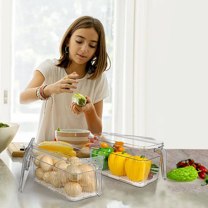 2 Pack Plastic Food Storage Produce Containers for Fridge, Stackable Lettuce Keeper for Refrigerator with Removable Drain Tray Keep Fresh for Vegetables/Fruit/Berry/Salad - 10'' x 5.3'' x 5.2''