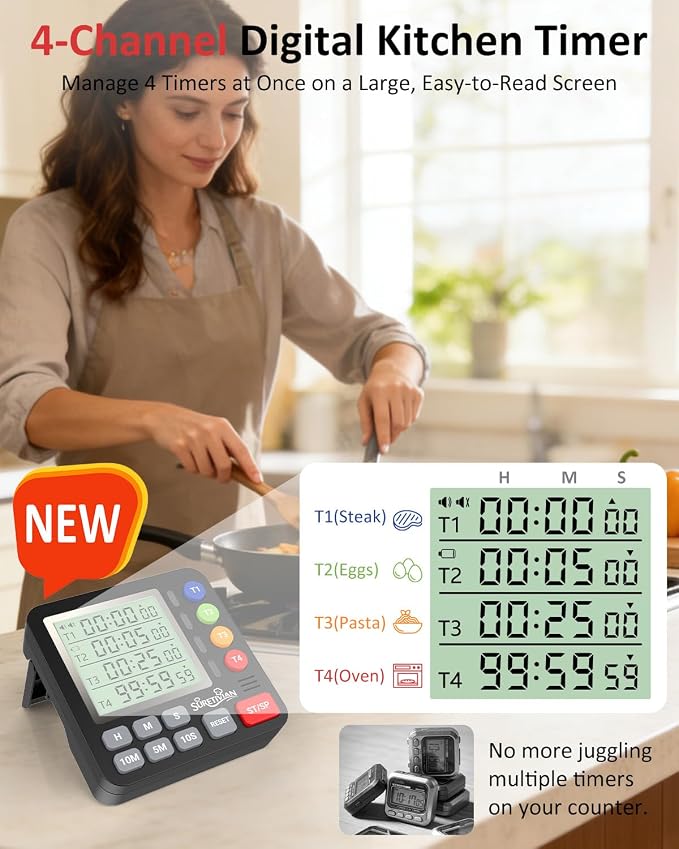 Digital Kitchen Timer with 4 Channel, Loud Alarm and Silent Mode | Magnetic Cooking Timer with Count Up & Countdown for Kids and Seniors, Large Display to Read, Auto Memory, Battery Included