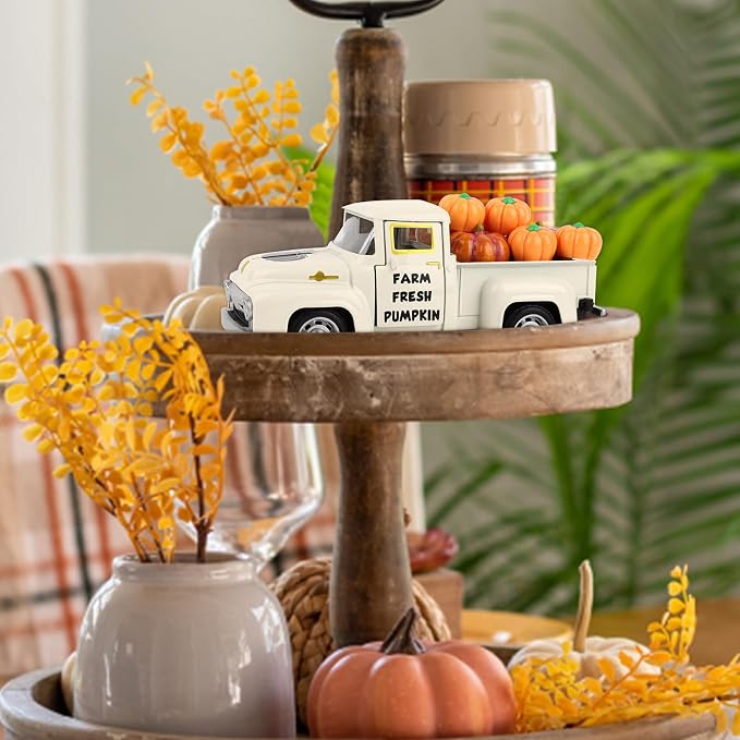 Hooqict Fall Pumpkin Truck Thanksgiving Decor with 8 Pumpkins Mini Metal Truck Vintage Pickup Car Model for Fall Autumn Harvest Thanksgiving Table Decorations Kitchen Farmhouse Tiered Tray Decor