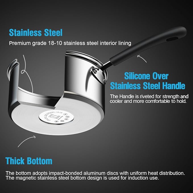 Cook N Home Professional 1 Quart and 2 Quart Stainless Steel Saucepan Set with Lids, Small Kitchen Induction Cooking Sauce Pot Pan, Stay-Cool Silicone Handle, Dishwasher Safe