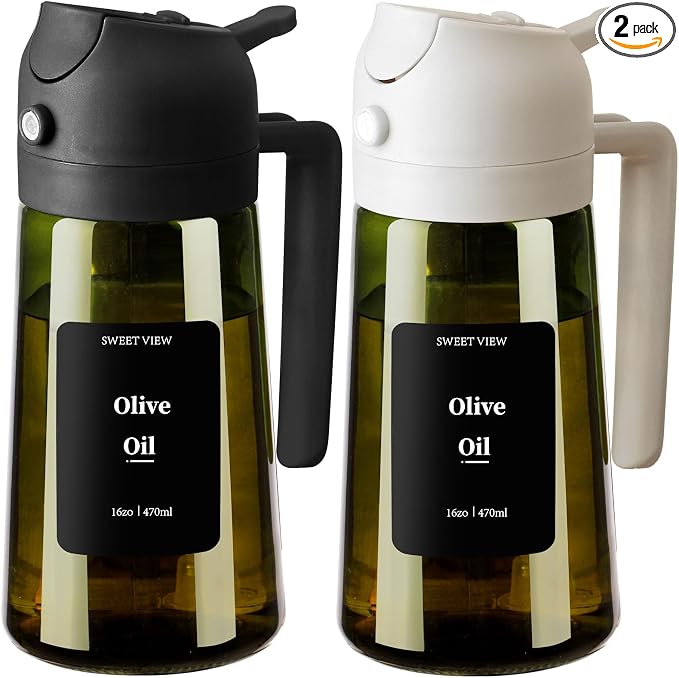 SWEET VIEW 2PCS Olive Oil Dispenser and Oil Sprayer | 16oz/470ml Glass Light-Proof Oil Pourer for Kitchen Air Fryer, Cooking, Salad, and BBQ, with Stickers