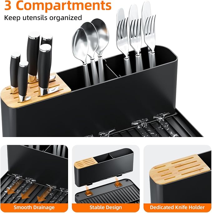 Urackify Extendable Dish Drying Rack, 18.5"-26.7" L x 12.7" W, Black | Multifunctional large dish rack with cup holder and built-in cutlery holder for versatile drying needs