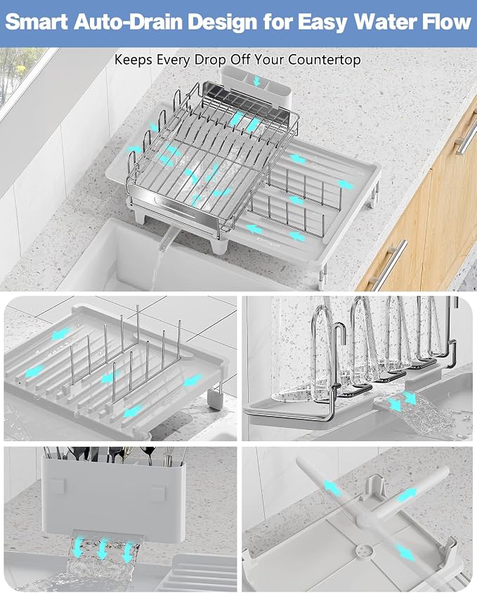 Expandable Dish Drying Rack, Dish Racks for Kitchen Counter, Stainless Steel 304, Flip-Top Retractable Plate, Multi-Directional Adjustable Dish Rack, Space Saving Large Drying Rack Kitchen, White