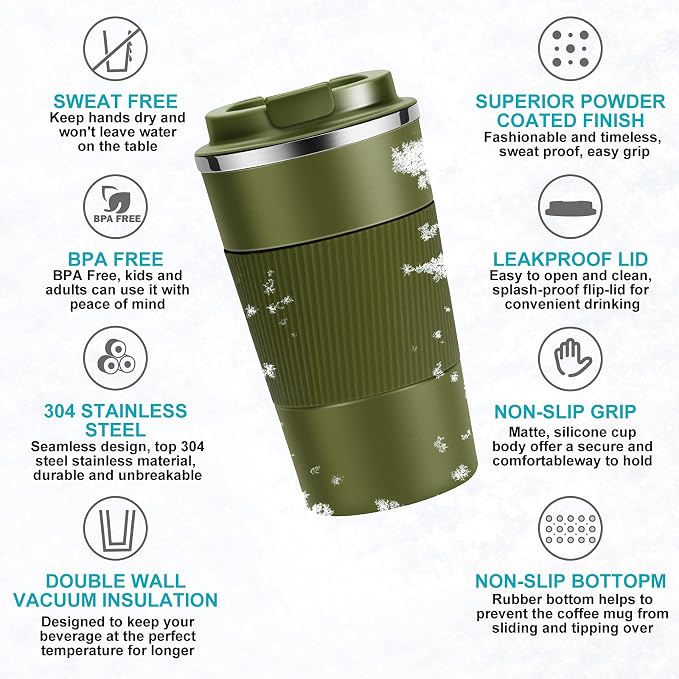 YINJOYI 17oz Travel Coffee Cups Insulated Mug Thermal Tumbler to Go with Lid Leak Proof Reusable Stainless Steel Coffee Mug Spill Proof for Hot and Iced Cold Drinks (Green, 510ml)