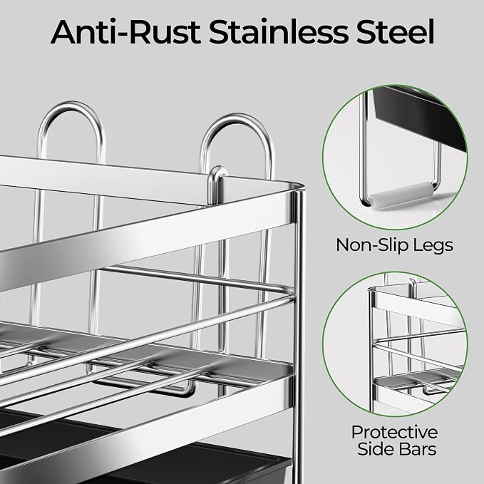 Large 2 Tier Dish Drying Rack, Extendable Dish Rack, Stainless Steel Anti-Rust Dish Rack for Kitchen Counter, Multifunctional Dish Drainer with Utensil & Cup Holder, 13.4"-28.7" L x 11.8" W