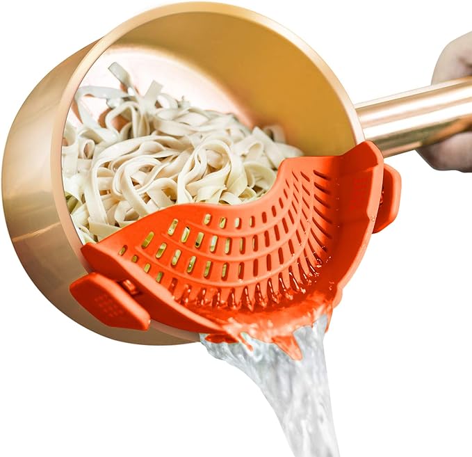 AUOON Clip On Strainer for Pots, Standard 8.86 x 3.55 in, Orange | Food-grade Silicone, Fits Pots Pans Bowls, Dishwasher Safe, for Pasta Noodles Vegetable Fruits, Space-saving Kitchen Gadget