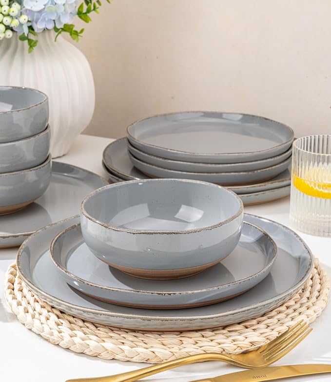 AmorArc Dinnerware Sets for 4, 12 Pieces Ceramic Plates and Bowls Set | Scratch Resistant Stoneware Dishes Set, Dishwasher & Microwave Safe,Gray