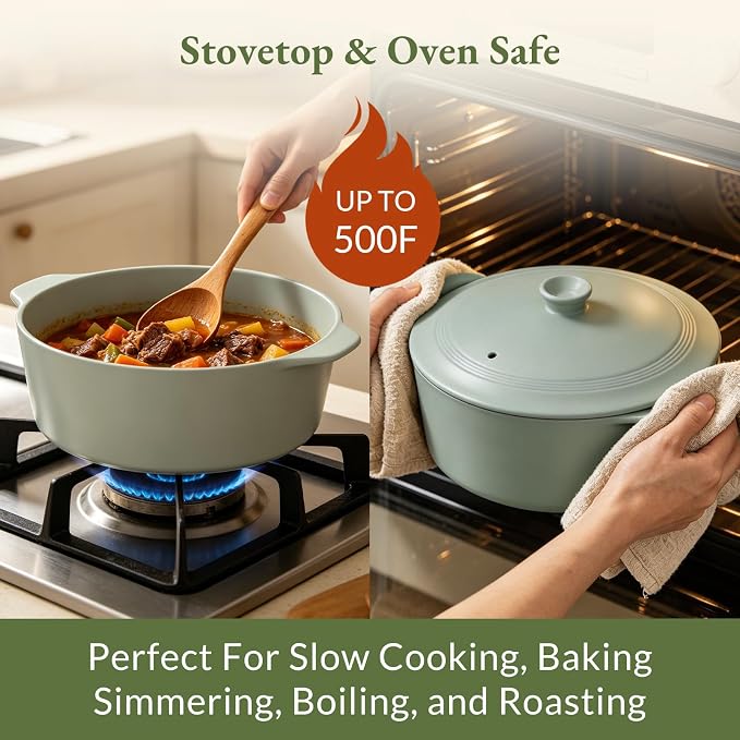 MAGNIFIQUE Slow Cooker, 4.5 Quart 8-in-1 Clay Pot Multi-Cooker, Non-Toxic Slow Cooker with Removable Clay Pot, for Rice, Pasta, Steam & Proof, Nonstick, Oven Safe Pot to 500°F, Olive