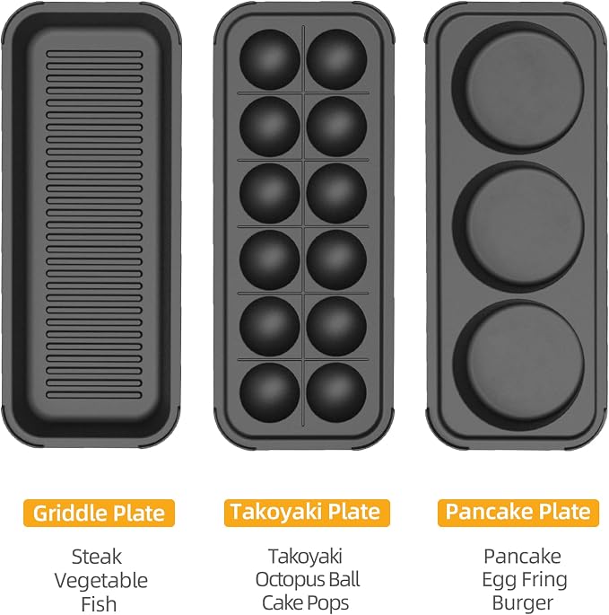 Multifunctional Electric Griddle Electric Grill Nonstick Baking Maker with 3 Interchangeable Pans For Takoyaki Cake Pop/ Mini Pancake/ Fried Steak
