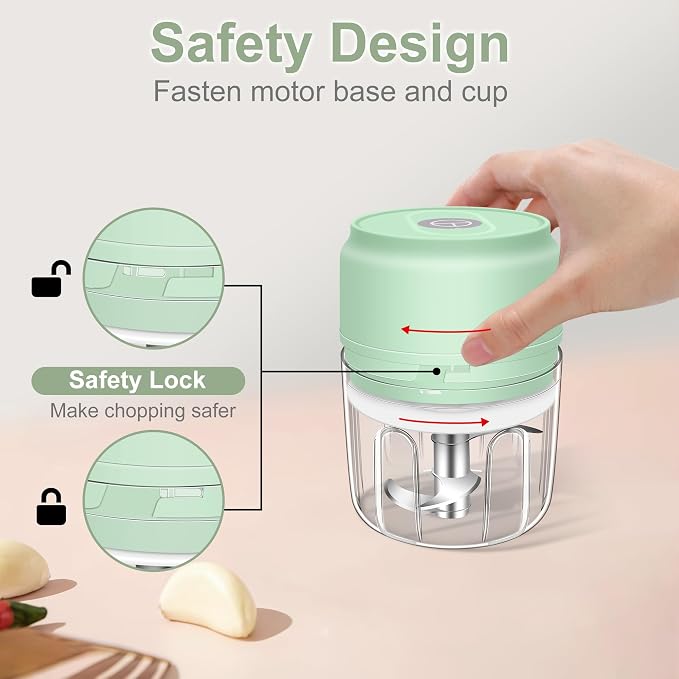 250ml (1 Cup) Electric Garlic Chopper, Green Portable Garlic Press | Wireless Mini Food Processor, Rechargeable Garlic Chopper Mincer for Ginger, Chili, Onion, Minced Meat and Spices