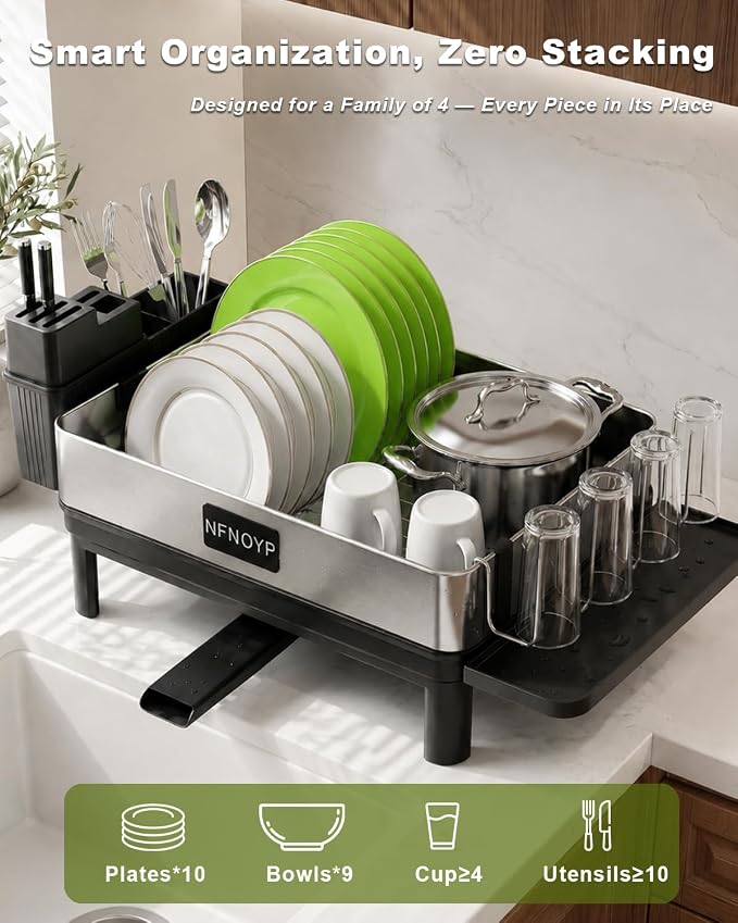 304 Stainless Steel Dish Drying Rack for Kitchen Counter, Black | Large Capacity Rustproof Dish Rack with Auto Drain Spout, Removable Utensil & Cup Holders, Drainboard Set