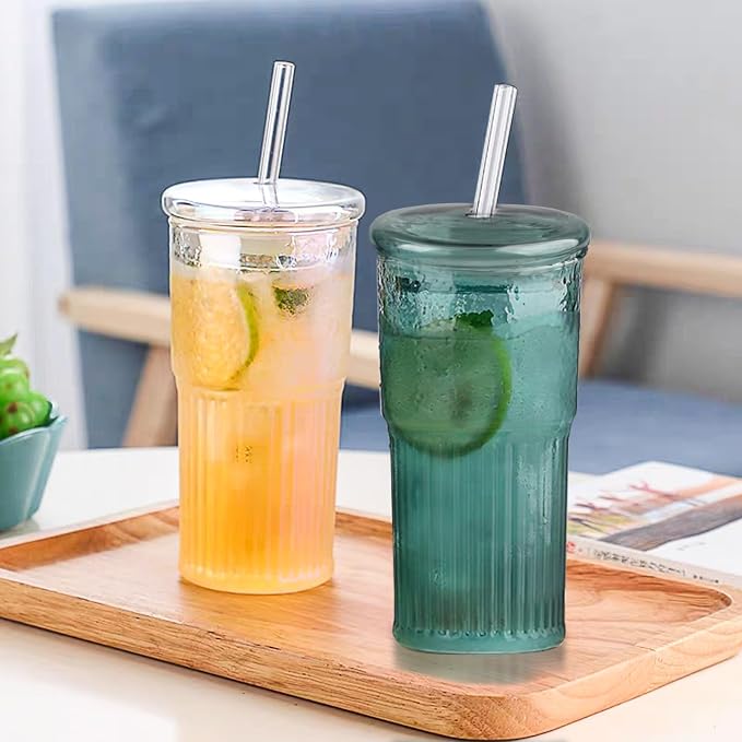 JunVpic Glass Coffee Tumbler, 20 oz Glass Cup with Lid and Straw | Green glass design, Hammered Texture, reusable straw and lid for iced coffee, tea, smoothies and hot & cold drink