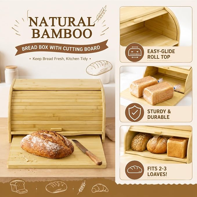 Sawysine Large Bamboo Bread Box with Cutting Board, 17.5" x 11" x 8.6" | Roll Top Bread Storage Box for Kitchen Countertop, Farmhouse Bread Keeper Organizer for Loaves, Bagels, Pastries and Baked