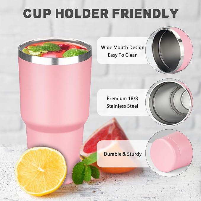 30 oz Tumbler with Lids and Straws, Stainless Steel Insulated Coffee Tumbler, Double Wall Vacuum Insulated Travel Mug Cup, Leakproof Thermal Coffee Cup for Hot and Cold Drinks (Light Pink)