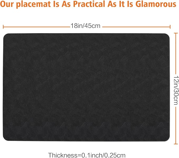Black Vinyl Placemats Set of 4 Waterproof Wipeable Table Mats | Heat Resistant Easy Clean Place Mats Faux Leather Table Mats Washable PVC Table Placemats for Dining Table