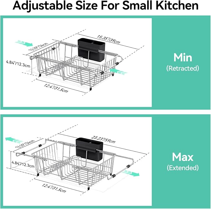 Urackify 304Stainless Steel Expandable Over Sink & in Sink Dish Rack,Silver | Fits over sink for direct drainage, expandable 15-23 inches saves counter space, includes utensil and cup holder