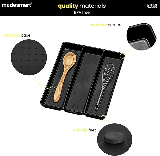 madesmart Classic 3 Compartment Utensil Tray, Carbon | non slip feet, rounded corners, soft grip lining, wide channels, spatulas whisks tongs, ladles serving spoons, woman owned