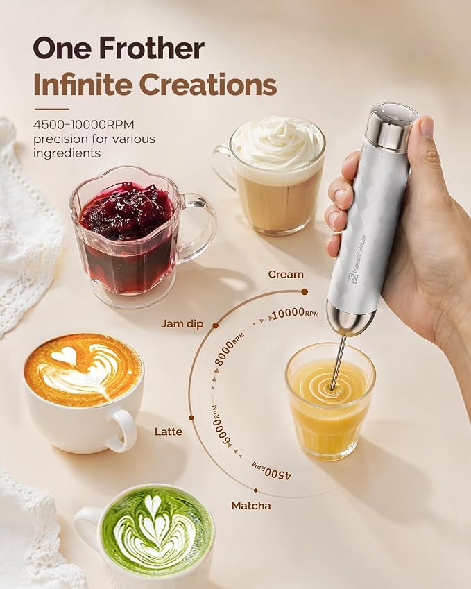 Maestri House LunaFro 2.0 Rechargeable Milk Frother, Stepless Speed Control | 1200mAh lithium battery Frother Handheld, IPX4, Stand & 2 Detachable Whisk for Lattes, Cappuccino, Matcha & Protein powder