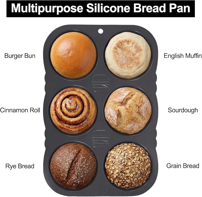 6-cavity Silicone Hamburger Bun Pan, Nonstick & Heat Resistant Burger Bun Pan, Bread Baking Pan for Hamburger Bun, English Muffin, Cinnamon Roll, Mini Sourdough, Bread Pans for Homemade Bread